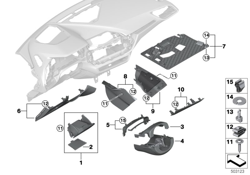 Доп.элементы панели приборов Нж. для BMW F40 118i B38C (схема запчастей)