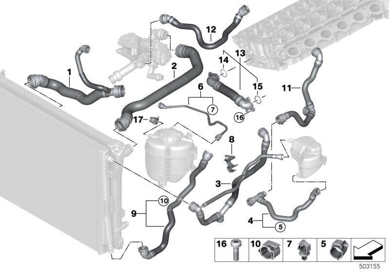 Шланги системы охлаждения для BMW G21 M340iX B58D (схема запчастей)