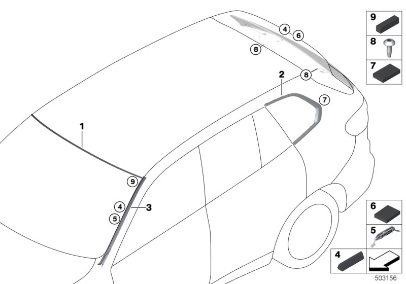 Остекление, дополнительные элементы для BMW G06 X6 M50dX B57S (схема запчастей)