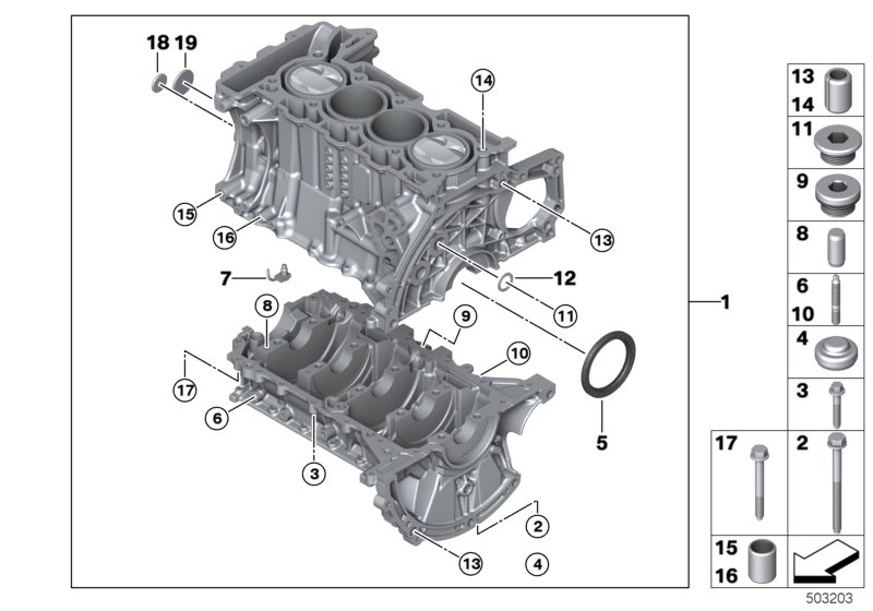 Блок-картер двигателя для BMW R59 Cooper S N18 (схема запчастей)