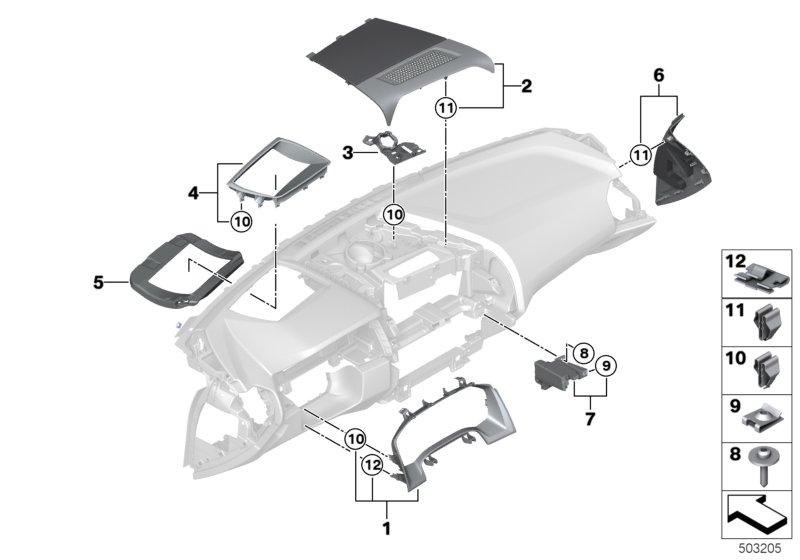 Доп.элементы панели приборов Вх для BMW F91 M8 S63M (схема запчастей)