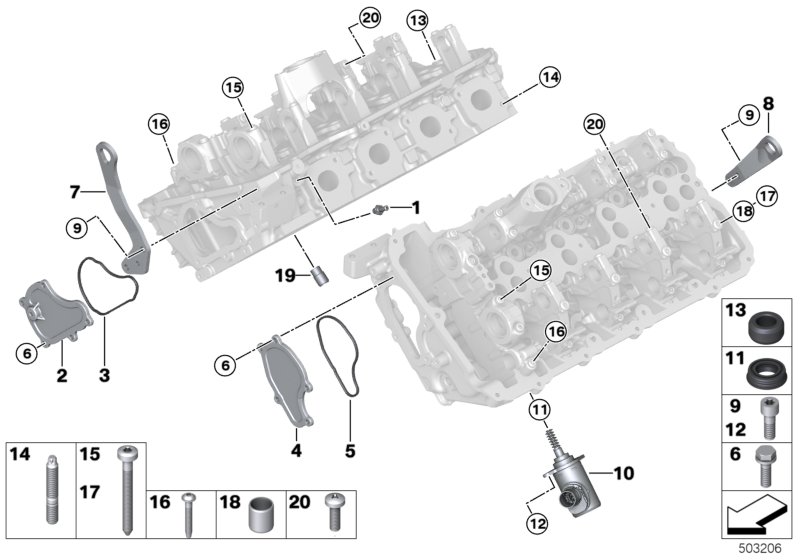 Головка блока цилиндров-доп.элементы для BMW F91 M8 S63M (схема запчастей)