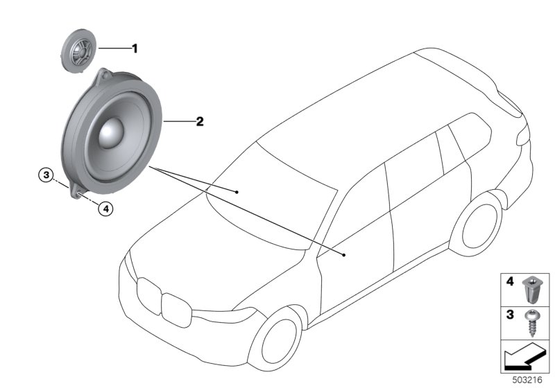 Детали системы HiFi на Пд двери для BMW G06 X6 40iX B58C (схема запчастей)