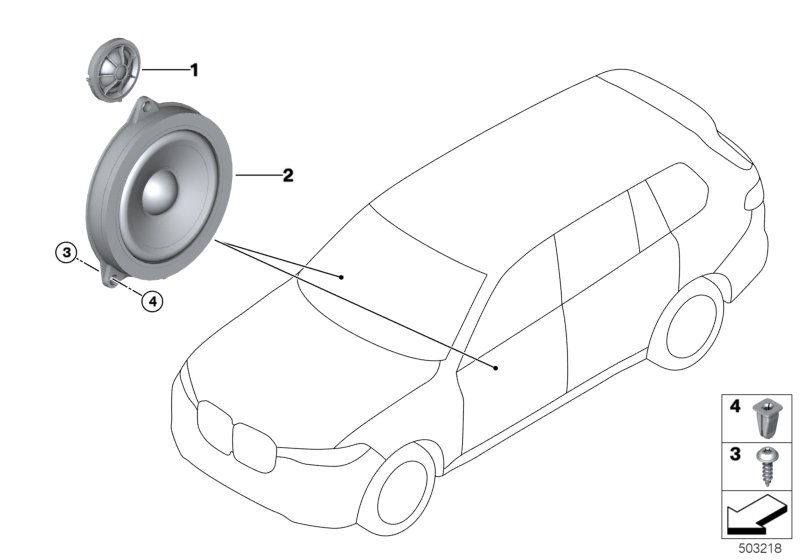 Детали системы Top-HiFi на Пд двери для BMW G05 X5 M50dX B57S (схема запчастей)