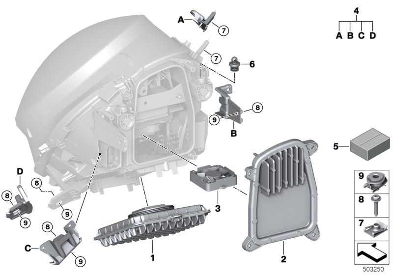 Детали светодиодной фары для BMW F54N JCW ALL4 B48E (схема запчастей)
