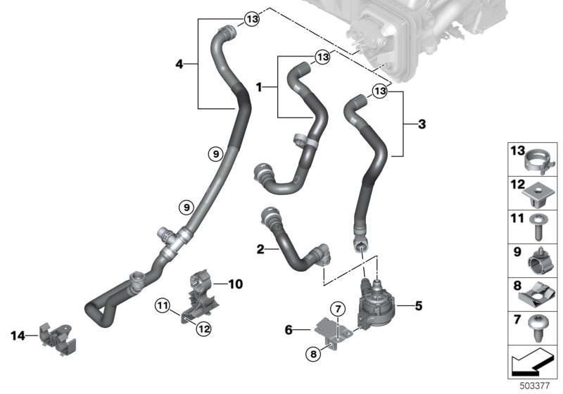 Шланги охлаждающей жидкости для BMW G05 X5 30iX B48D (схема запчастей)