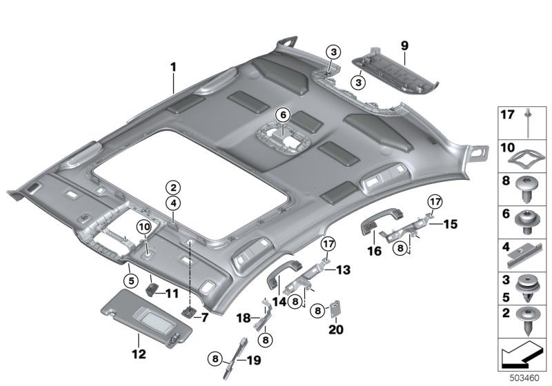 Потолок для BMW G30 M550dX B57S (схема запчастей)