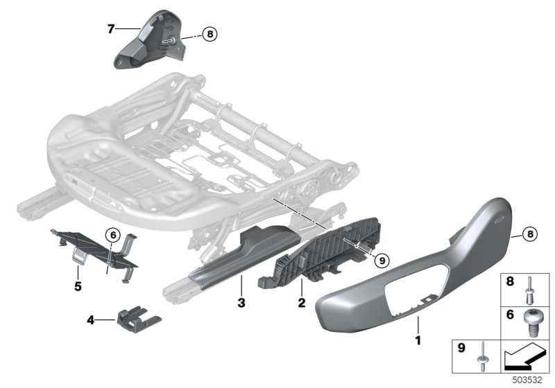 Накладка переднего сиденья с э/приводом для BMW G29 Z4 20i B48D (схема запчастей)