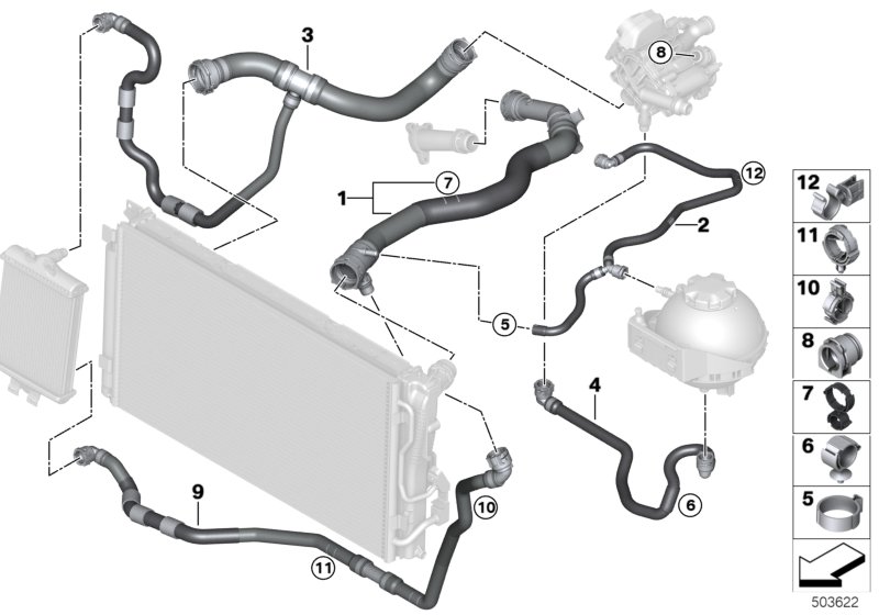 Шланги системы охлаждения для BMW F31N 318i B38 (схема запчастей)