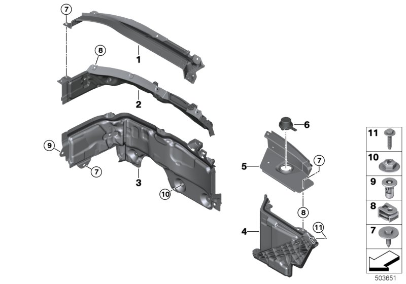 Дополнительные элементы моторного отсека для BMW F40 116d B37B (схема запчастей)