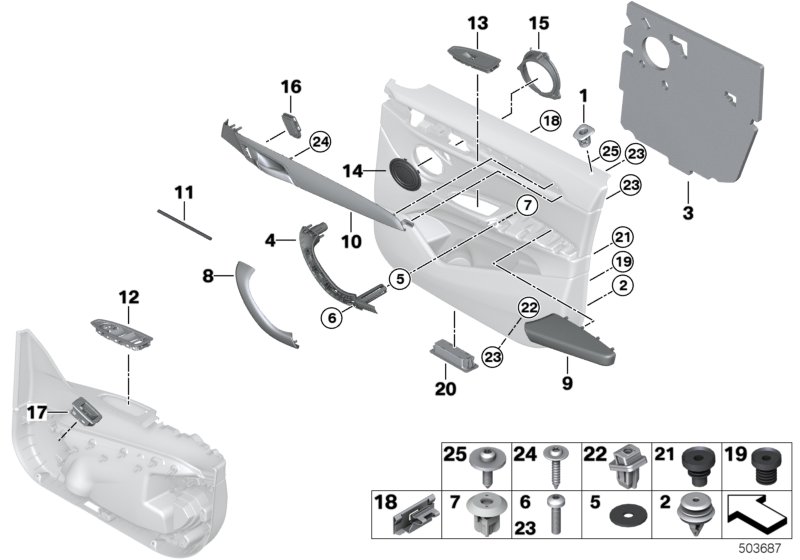 Доп.элементы обшивки передней двери для BMW F48N X1 20i B42 (схема запчастей)