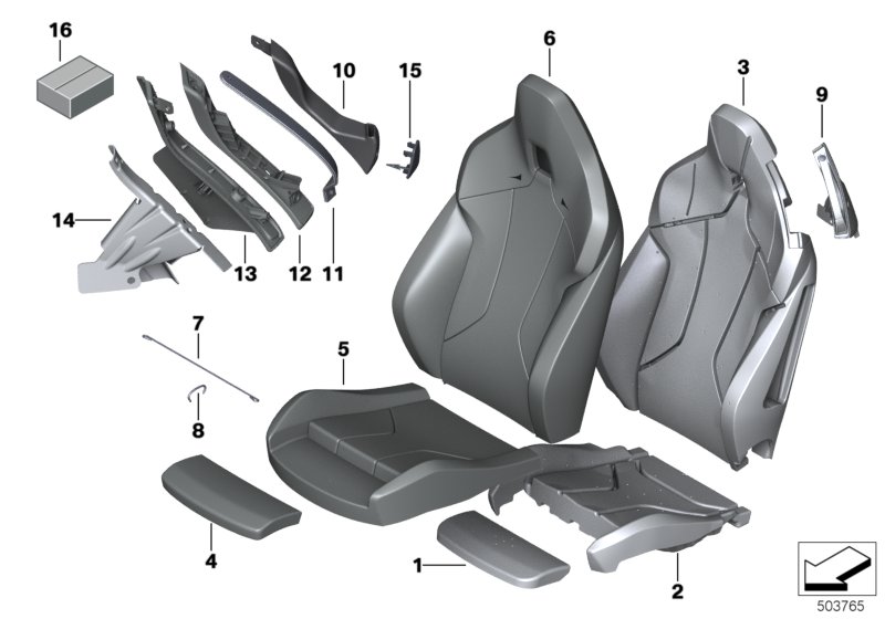 Набивка и обивка спортивного пер.сиденья для BMW G29 Z4 20i B48D (схема запчастей)