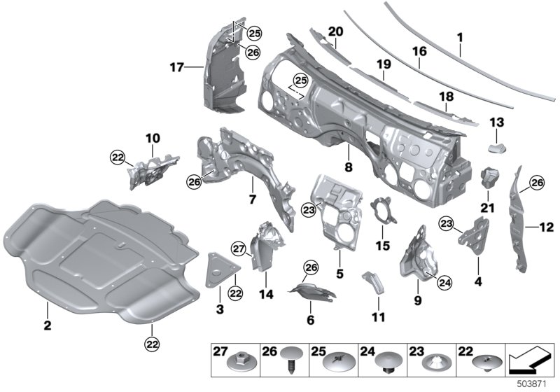 Звукоизоляция Пд для BMW F91 M8 S63M (схема запчастей)