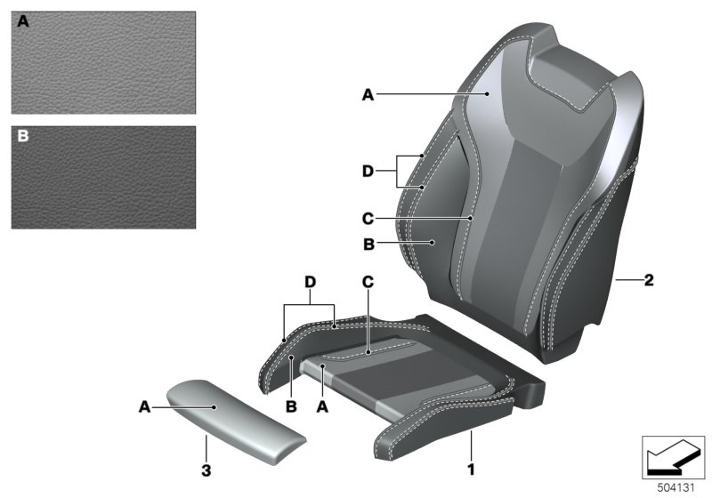 Инд. обивка спортивного сиденья Пд для BMW G20 330dX B57 (схема запчастей)