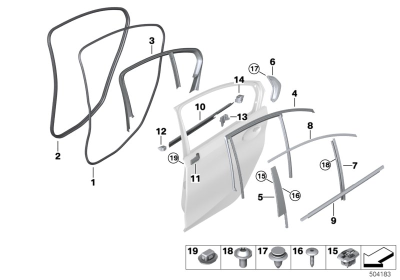 Накладки и уплотнения двери Зд для BMW G20 320iX B48C (схема запчастей)