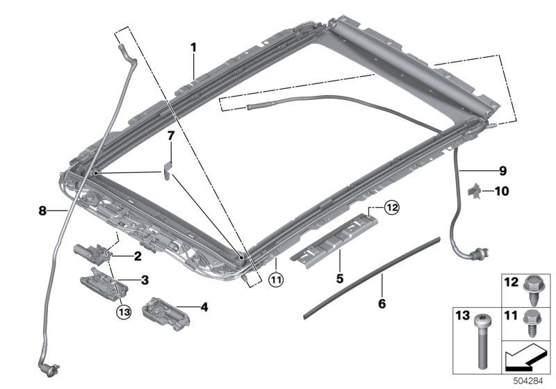 Панорамная крыша с электроприводом для BMW G06 X6 30dX B57 (схема запчастей)