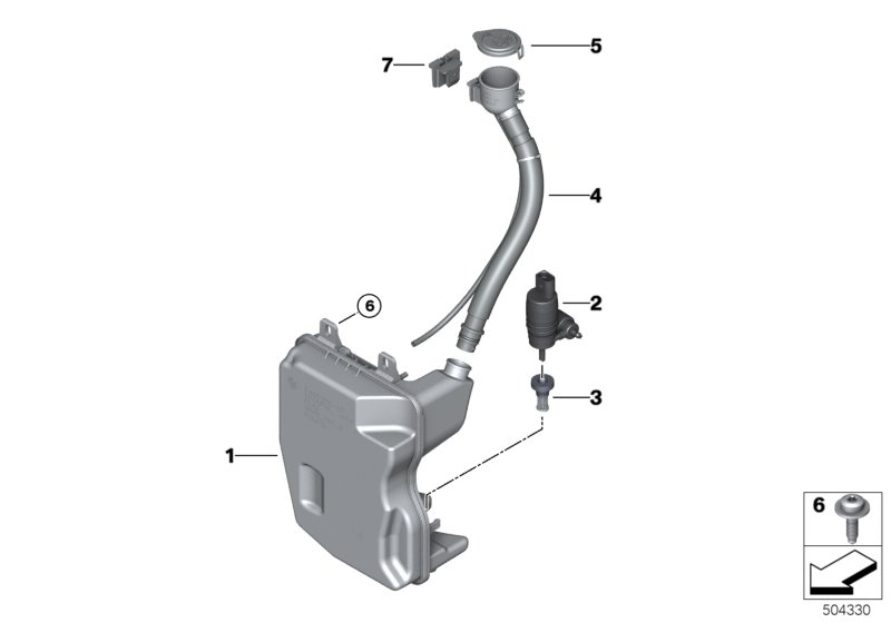 Детали бачка стеклоомывателя для BMW F40 118i B38C (схема запчастей)