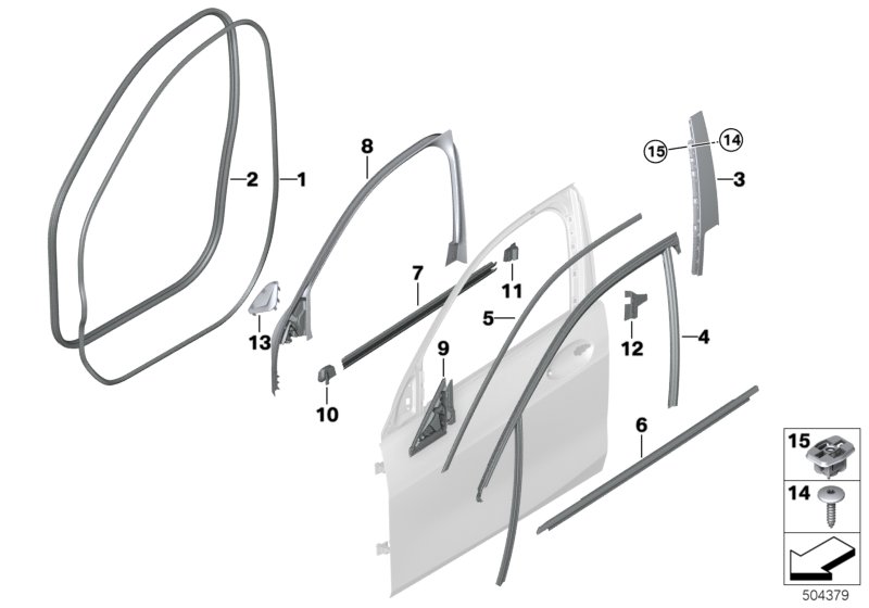 Накладки и уплотнения двери Пд для BMW F40 M135iX B48E (схема запчастей)