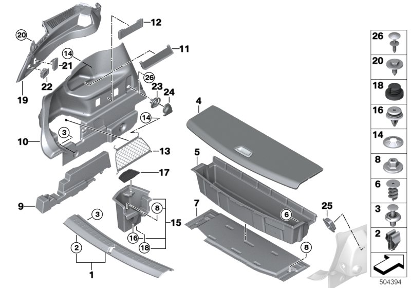 Обшивка багажного отделения для BMW F46 220d B47 (схема запчастей)