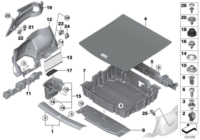 Обшивка багажного отделения для BMW F46 220i B48 (схема запчастей)