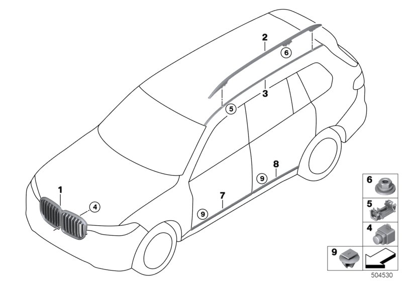 Наружные накладки / декоративные решетки для BMW G07 X7 M50iX N63B (схема запчастей)