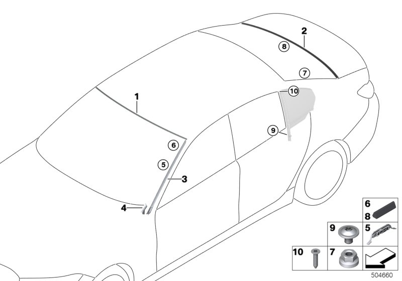 Остекление, дополнительные элементы для BMW G20 330iX B46D (схема запчастей)