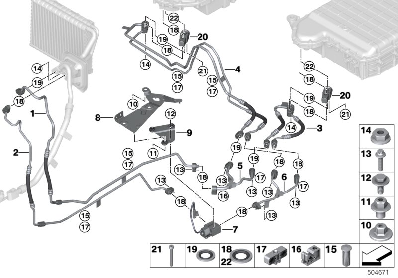 Трубопроводы хладагента под днищем для BMW G05 X5 45eX B58X (схема запчастей)