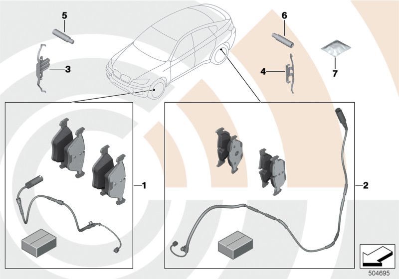 Сервисный к-т тормозных накладок для BMW F15 X5 30dX N57N (схема запчастей)