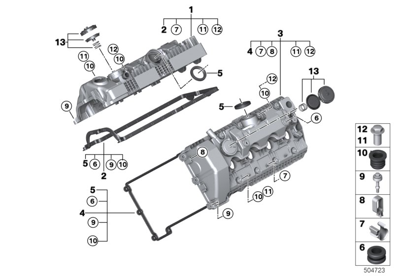 Крышка головки блока цилиндров для BMW E60N 540i N62N (схема запчастей)