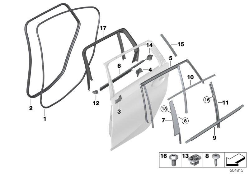 Накладки и уплотнения двери Зд для BMW G21 330dX B57 (схема запчастей)