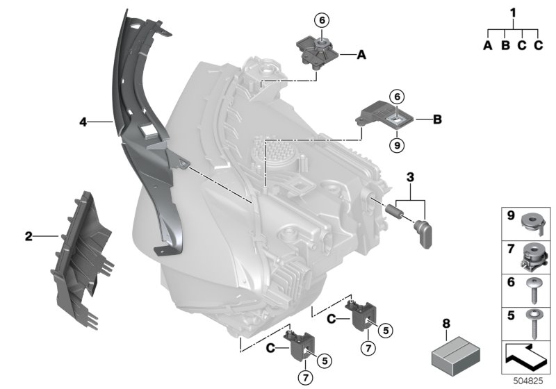 Детали фары для BMW G15 840iX B58C (схема запчастей)