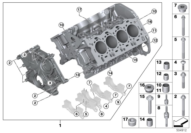 Блок-картер двигателя для BMW F92 M8 S63M (схема запчастей)