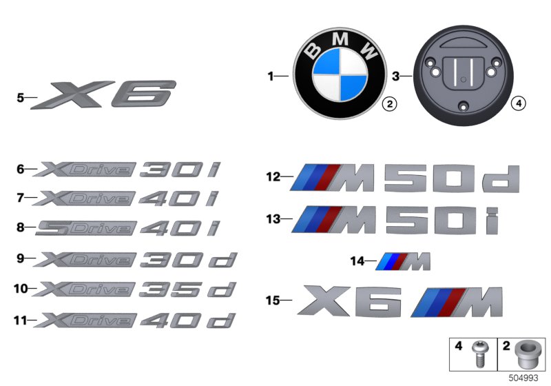 Эмблемы / надписи для BMW G06 X6 40iX B58C (схема запчастей)