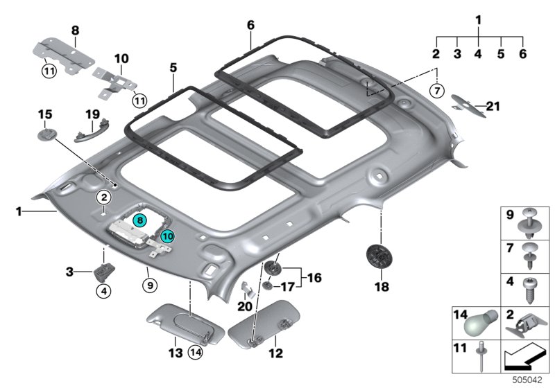 Потолок для BMW F56 Cooper D B37 (схема запчастей)