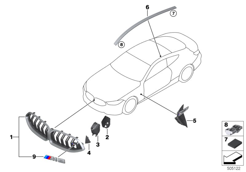 Наружные накладки / декоративные решетки для BMW F92 M8 S63M (схема запчастей)