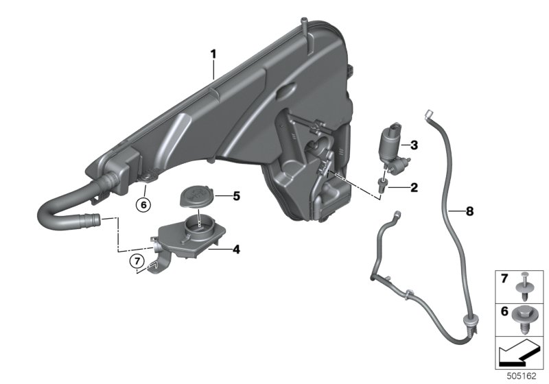 Детали бачка стеклоомывателя для BMW G02 X4 M40iX B58D (схема запчастей)