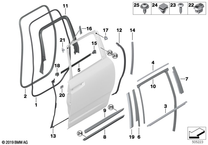 Накладки и уплотнения двери Зд для BMW RR31 Cullinan N74L (схема запчастей)