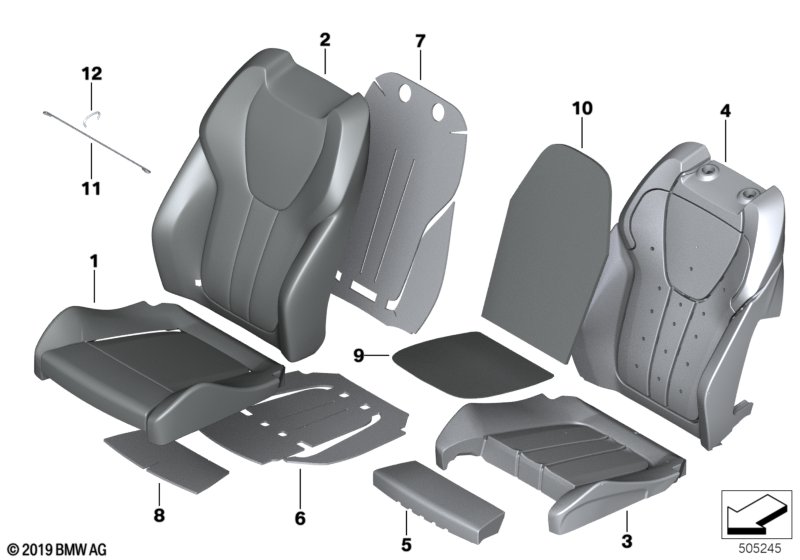 Набивка и обивка спортивного пер.сиденья для BMW G06 X6 M50dX B57S (схема запчастей)