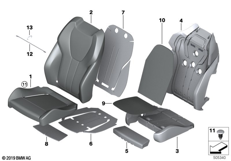Набивка и обивка спортивного пер.сиденья для BMW G05 X5 40iX B58C (схема запчастей)