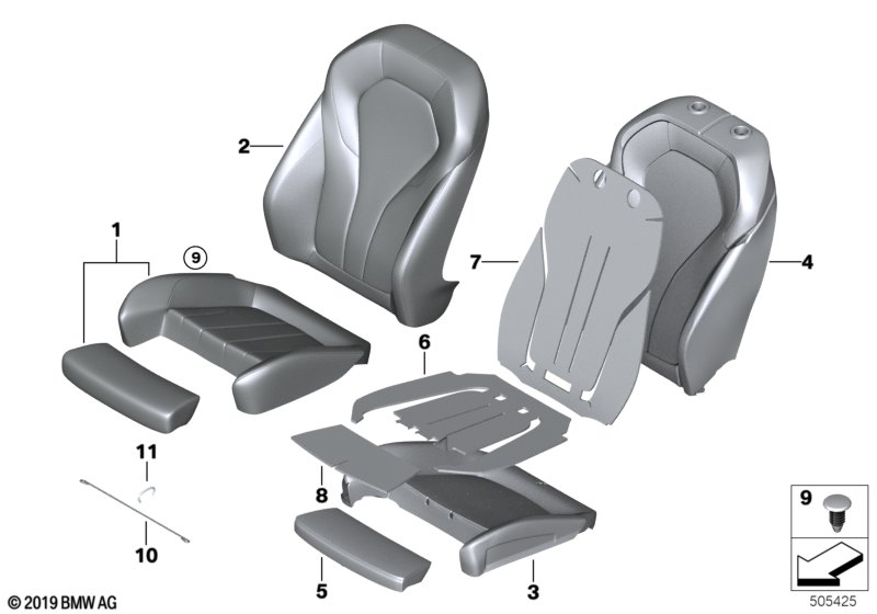 Набивка и обивка спортивного пер.сиденья для BMW G30 518d B47B (схема запчастей)