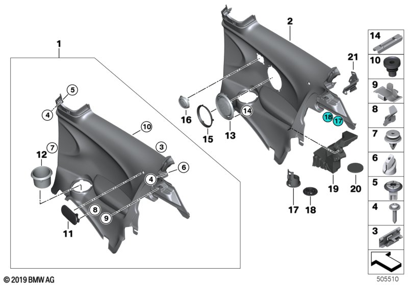 боковая обшивка задняя для BMW F56 Cooper SD B47 (схема запчастей)
