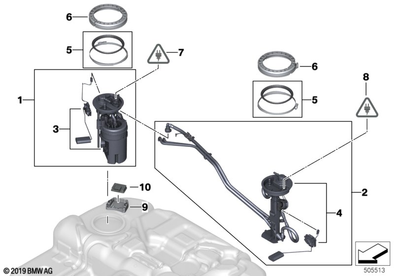 Топливный насос/датчик уровня наполнения для BMW E70 X5 3.0sd M57N2 (схема запчастей)
