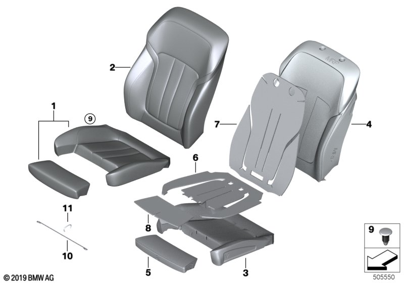Сиденье Пд, набивка и обивка сид.пов.ком для BMW G30 M550iX N63B (схема запчастей)