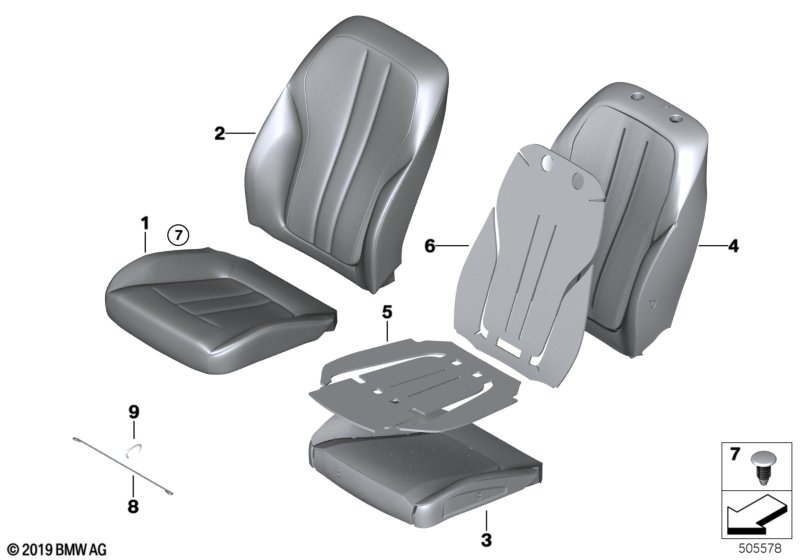 Набивка и обивка базового сиденья Пд для BMW G30 530e B48X (схема запчастей)