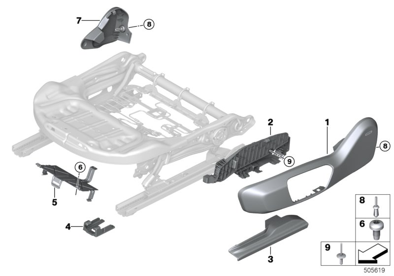 Накладка переднего сиденья с э/приводом для BMW F39 X2 20iX B46D (схема запчастей)