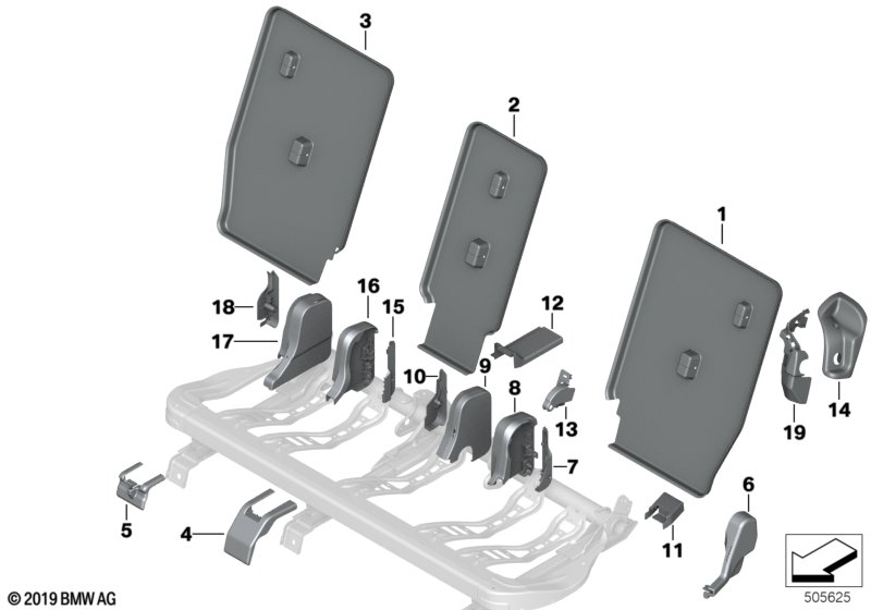 Накладки подушки заднего сиденья для BMW F46 216d B37 (схема запчастей)