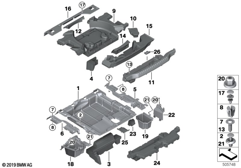 Вещевой отсек в полу багажного отделения для BMW G01 X3 25dX (TX55) B47 (схема запчастей)