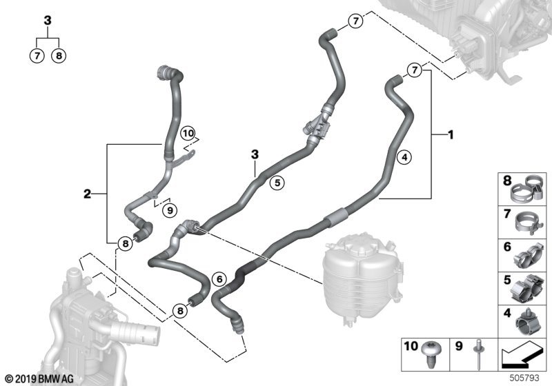 Шланги ОЖ автономной системы отопления для BMW G21 M340iX B58D (схема запчастей)