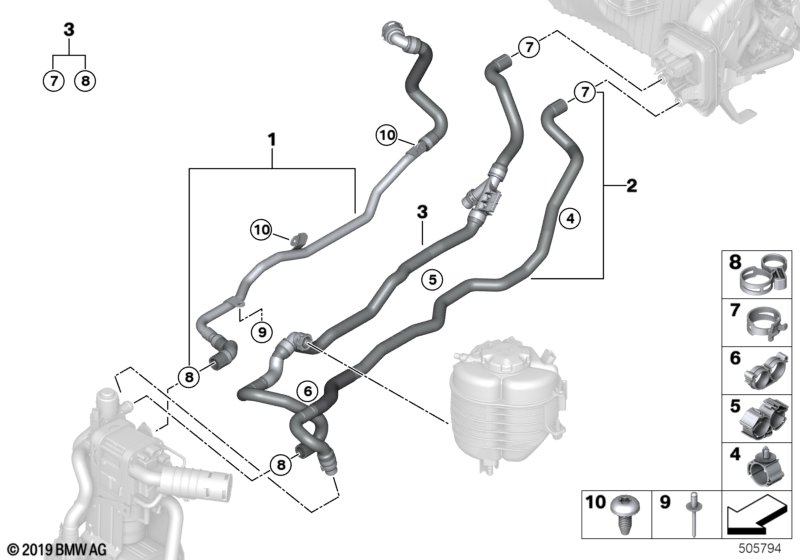 Шланги ОЖ автономной системы отопления для BMW G20 320i B48C (схема запчастей)