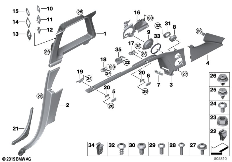 Облицовка задней стойки/стойки D для BMW RR31 Cullinan N74L (схема запчастей)